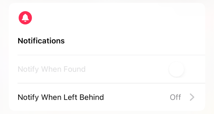 Screenshot of the Notify When Leave Behind option in Find My app on iPhone.