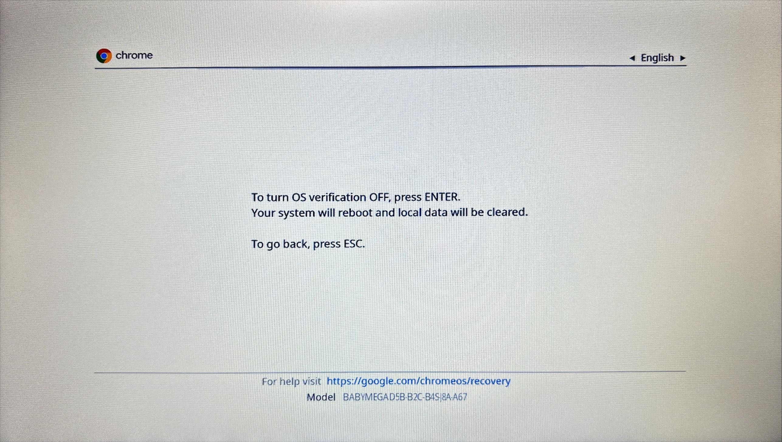 Warning about OS verification in ChromeOS Recovery Mode