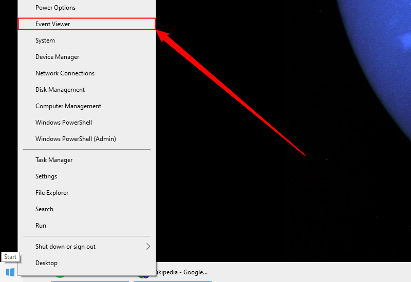 Open the Event Viewer through the Power User Menu.