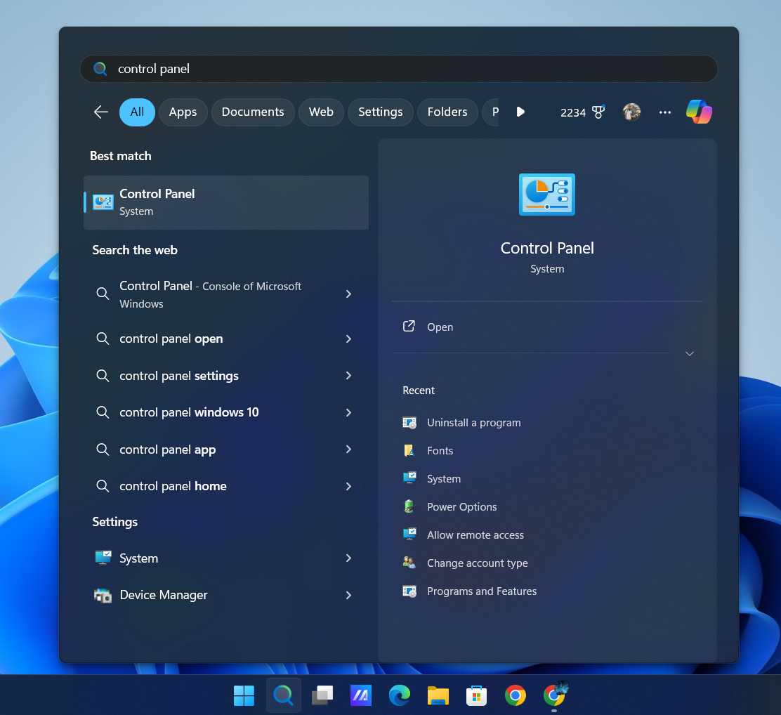 Opening Control Panel from Search on Windows 11