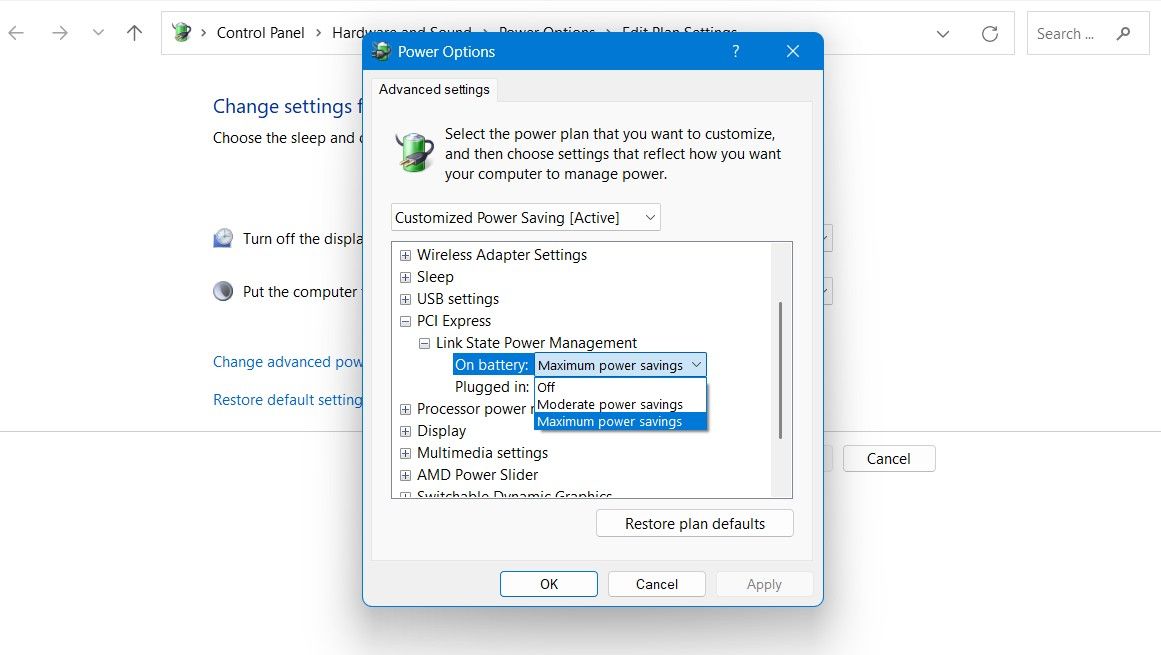 PCI Express option in the Control Panel.