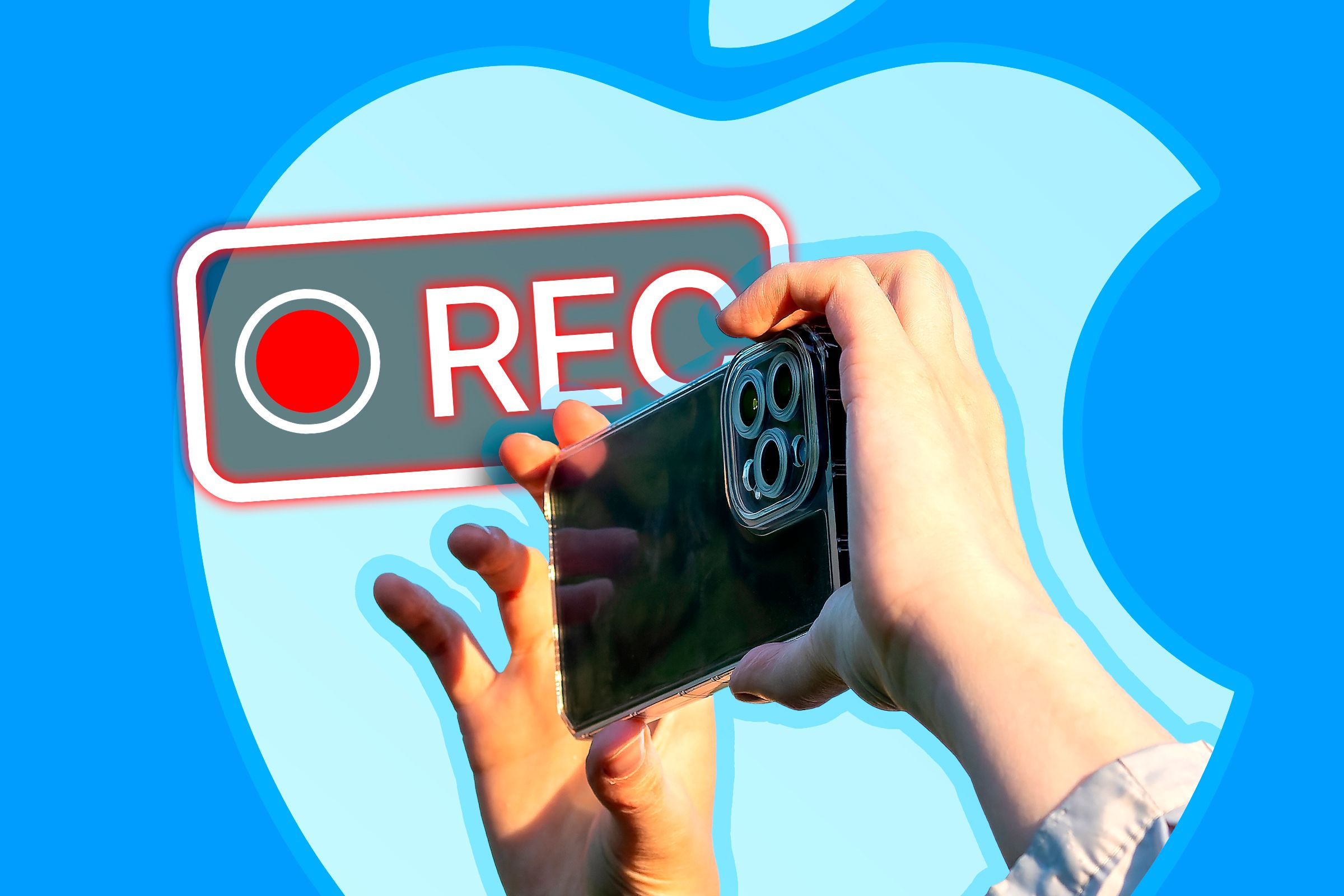 Person holding an iPhone with a recording icon behind it.