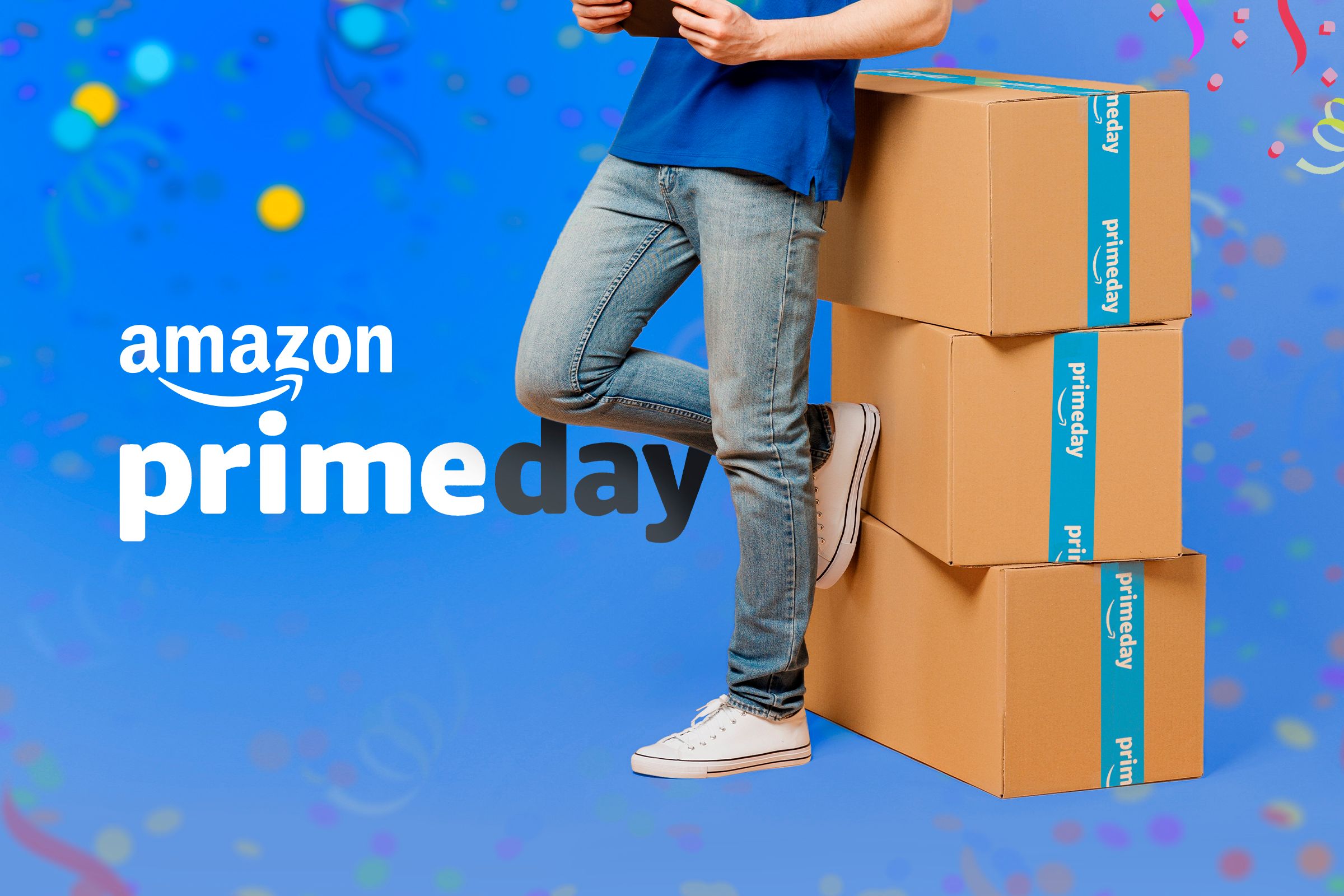 Person leaning against some Amazon boxes.