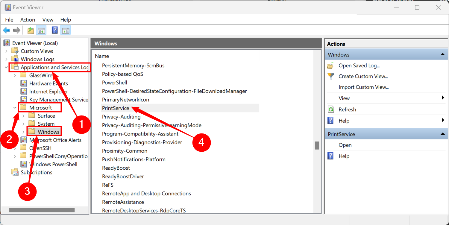 In Event Viewer, click Applications and Services Logs > Microsoft > Windows.