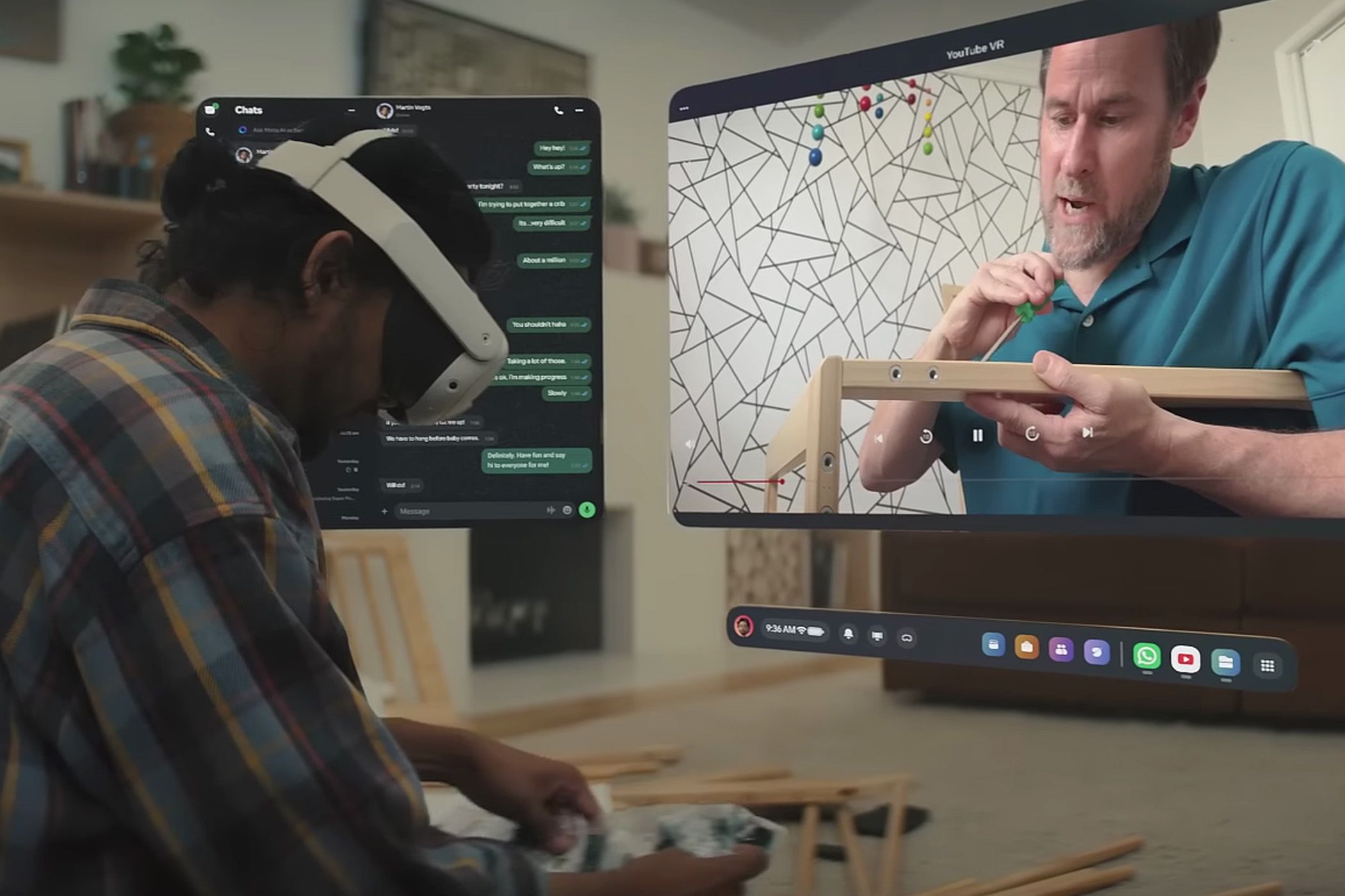 Photo of a person with a VR headset building a crib with 3D overlay windows.