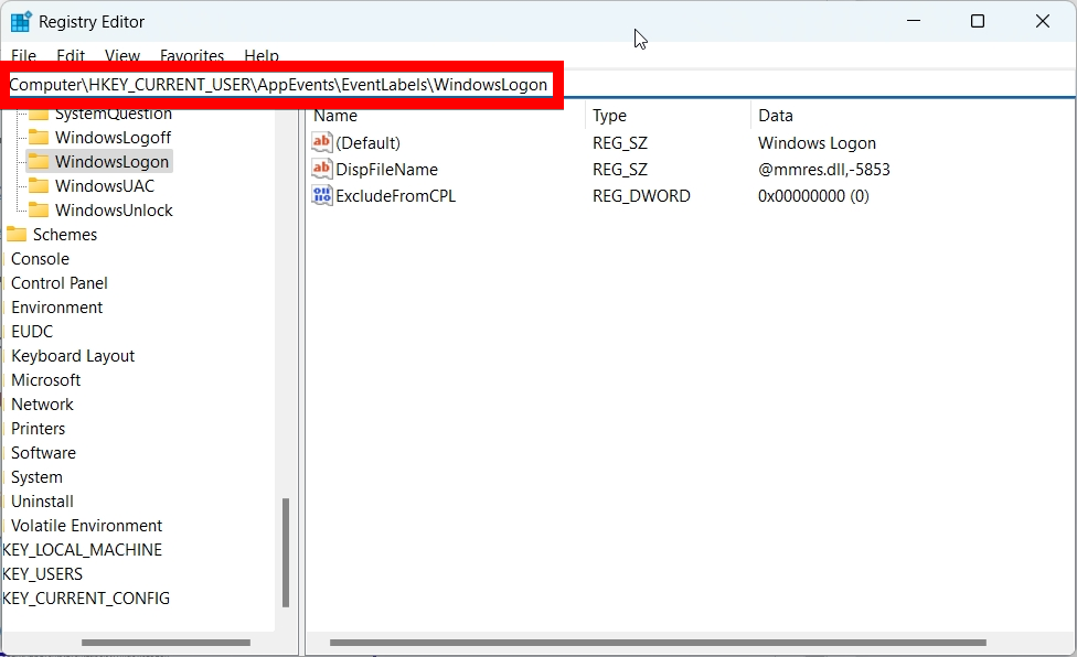 The file path of the "WindowsLogon" key in the Registry Editor.