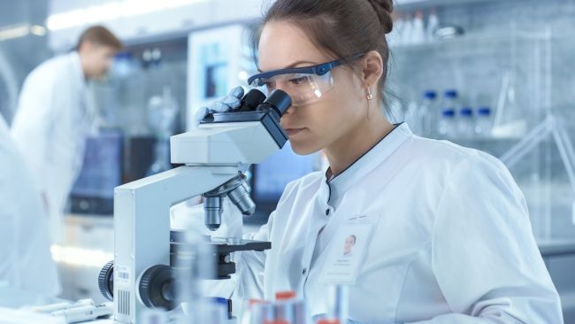 A scientist in a lab looks through a microscope.