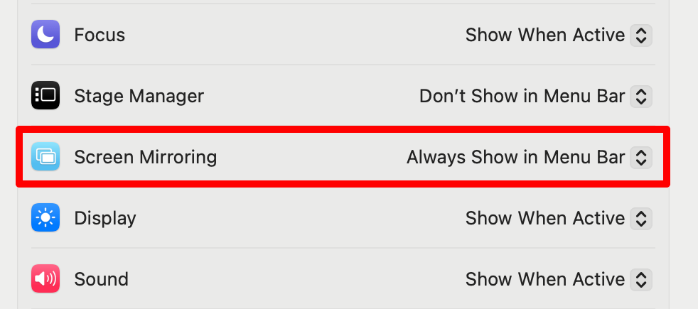 Screen Mirroring Control Center option on Mac.