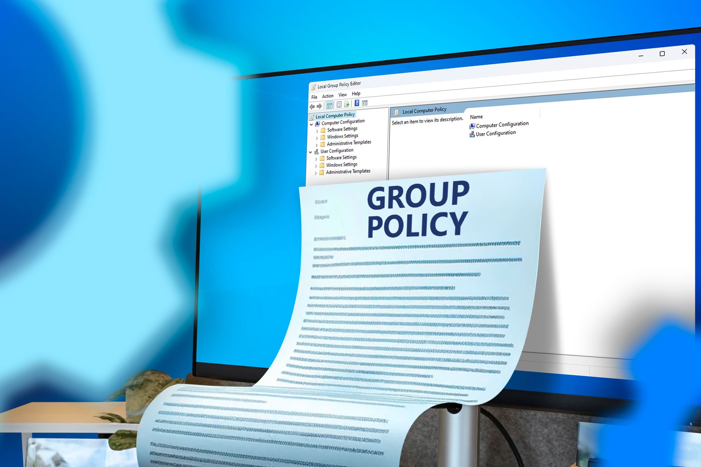 Screen with Windows Group Policy Editor open.