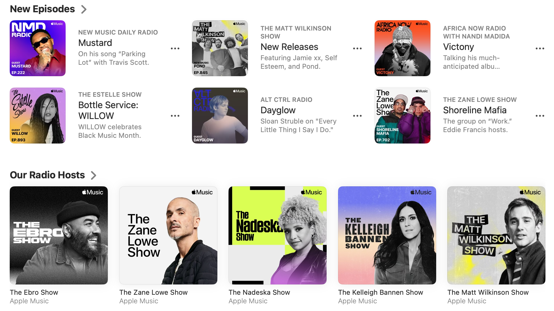 Selection of hosted and curated radio shows on Apple Music.