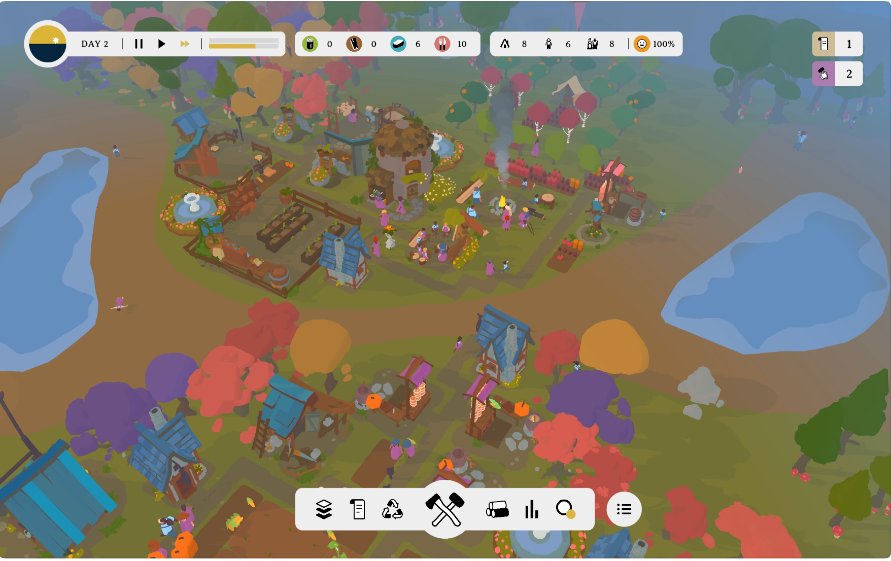 Outlanders gameplay, showing town with UI controls.