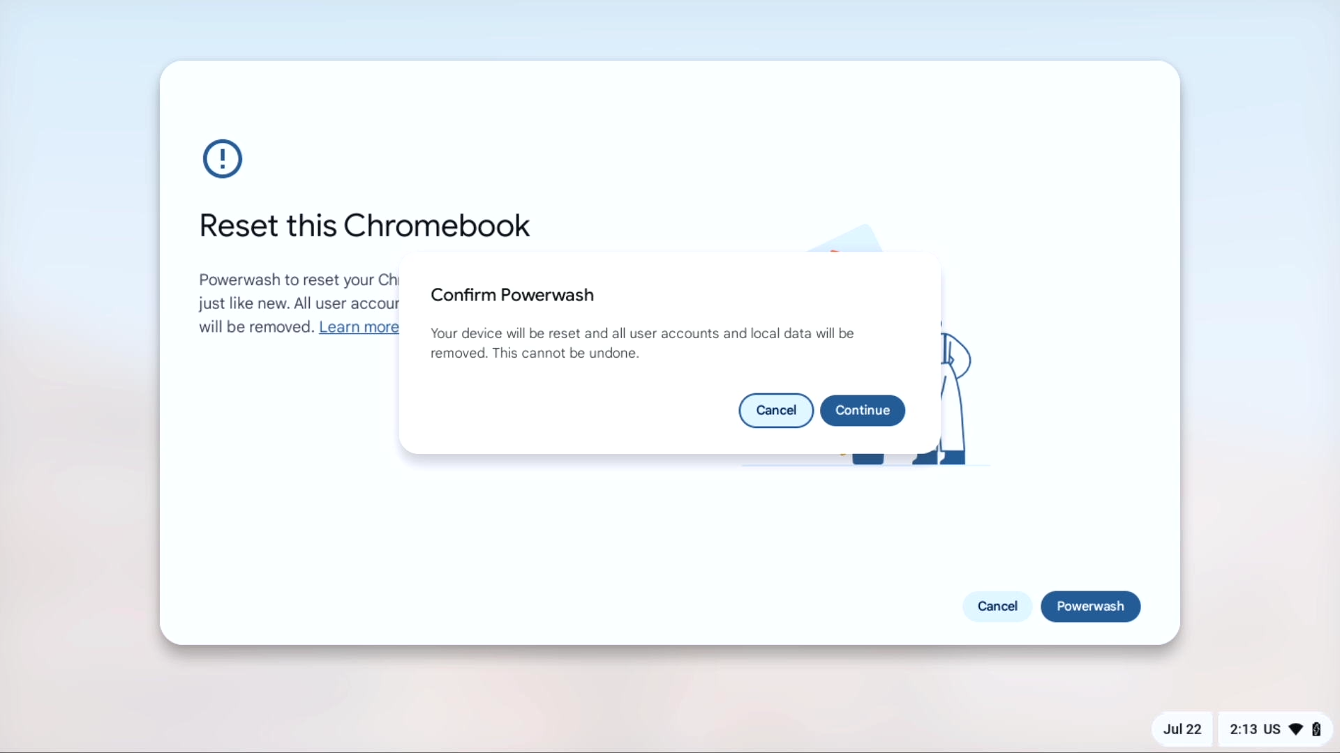 Confirming the Powerwash process on a Chromebook.