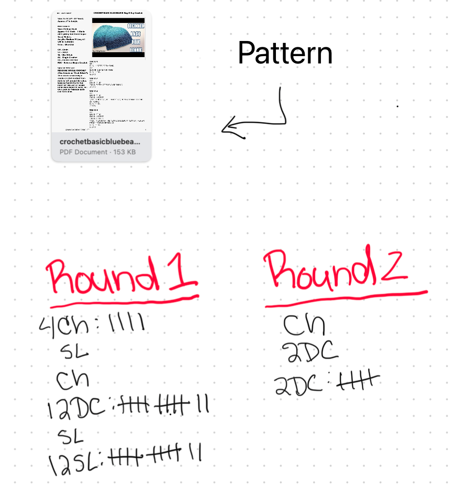 Freeform board displaying link to PDF document, alongside stitch tracking.