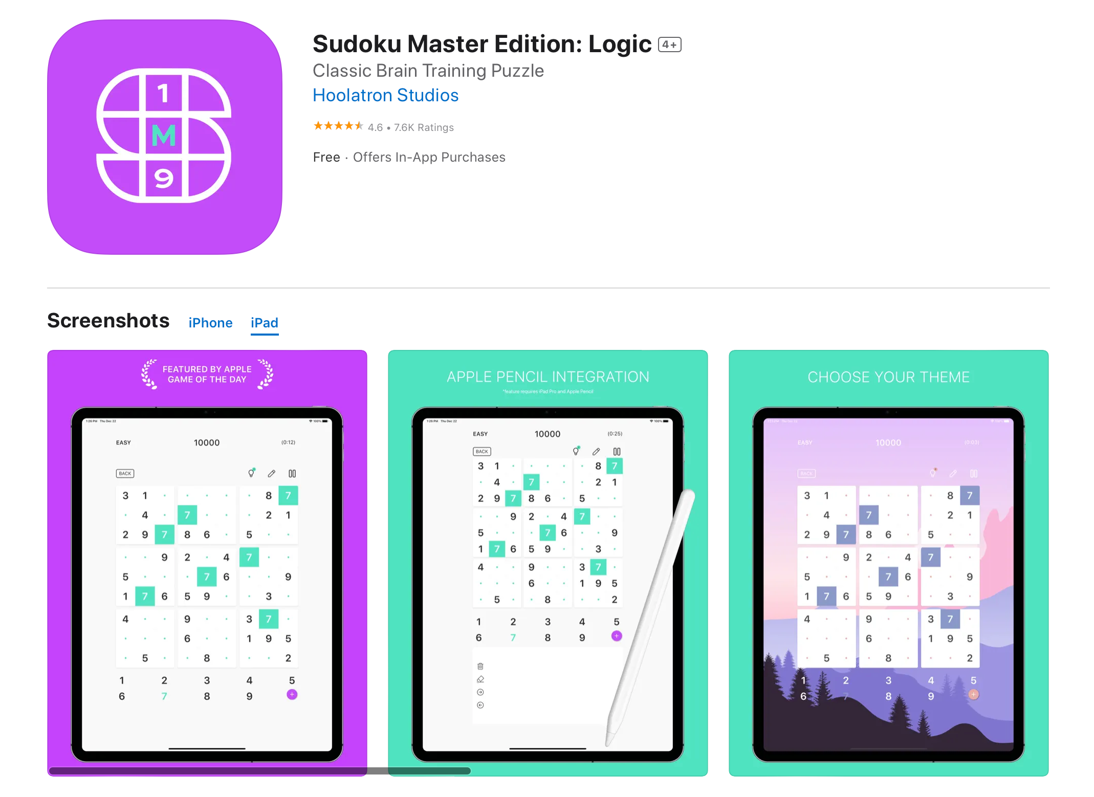 Sudoku Master Edition: Logic with Apple Pencil integration shown.