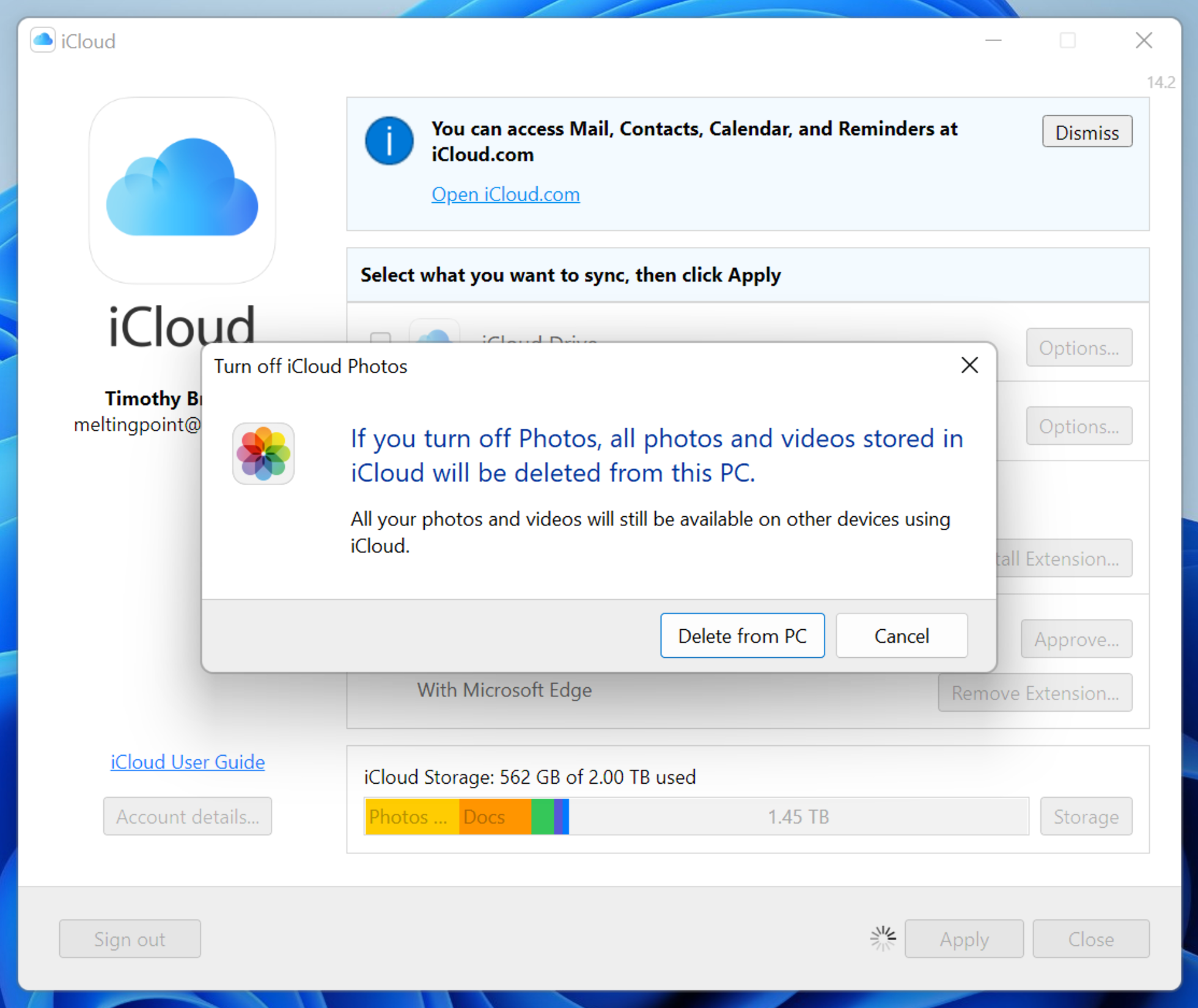 Disabling iCloud Photos warning in iCloud for Windows.