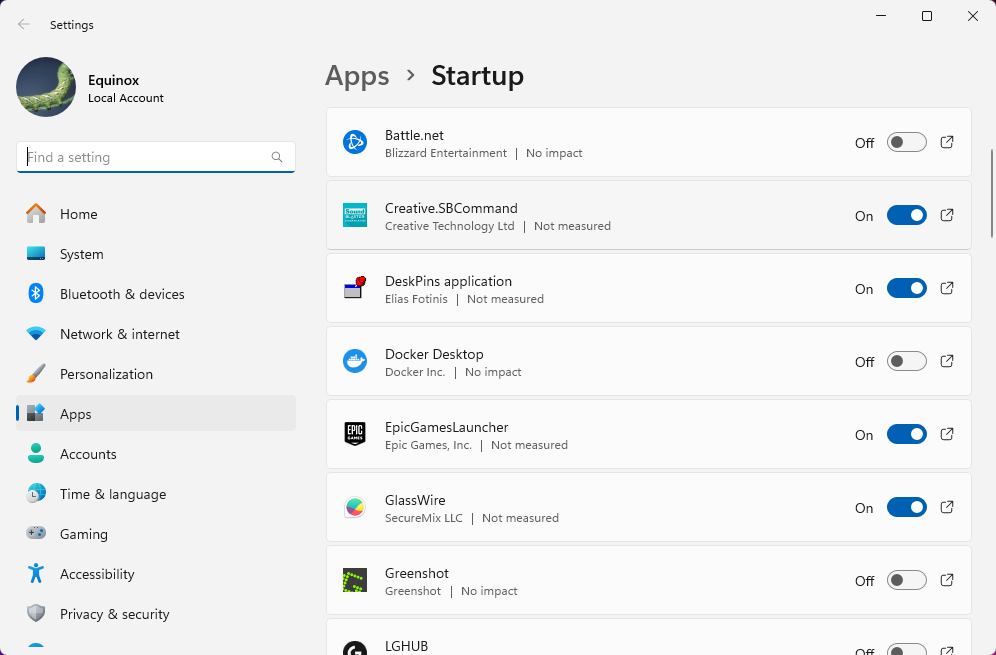 A mixture of enabled and disabled Startup Apps on Windows 11.