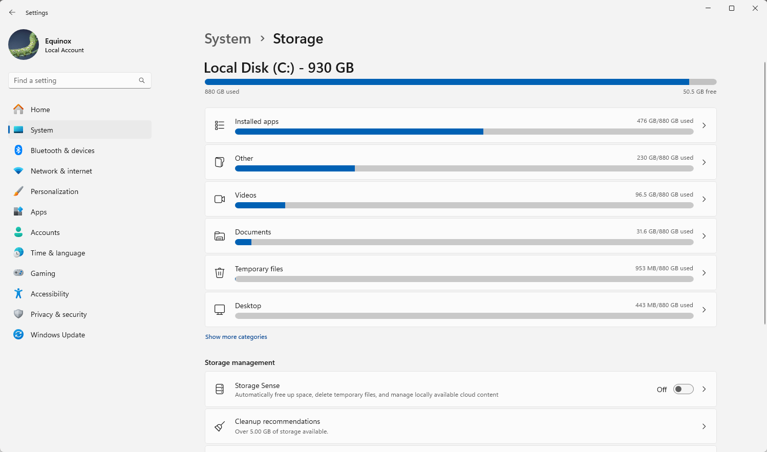 The Storage view on Windows 11.