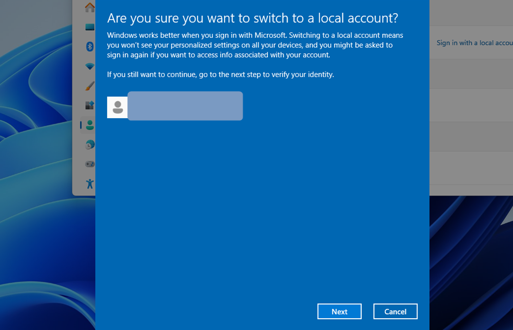 The popup to switch to a local account on Windows 11.