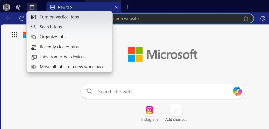 Tab Action menu in Edge.