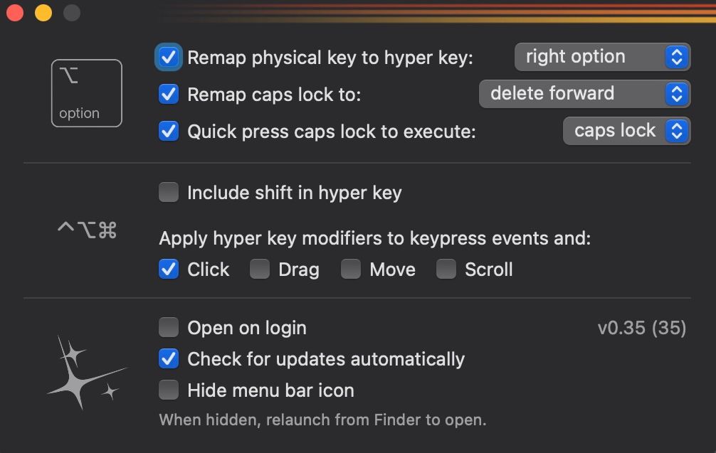 Hyperkey app settings with hyper key enabled and Caps Lock remapped to delete forward action.