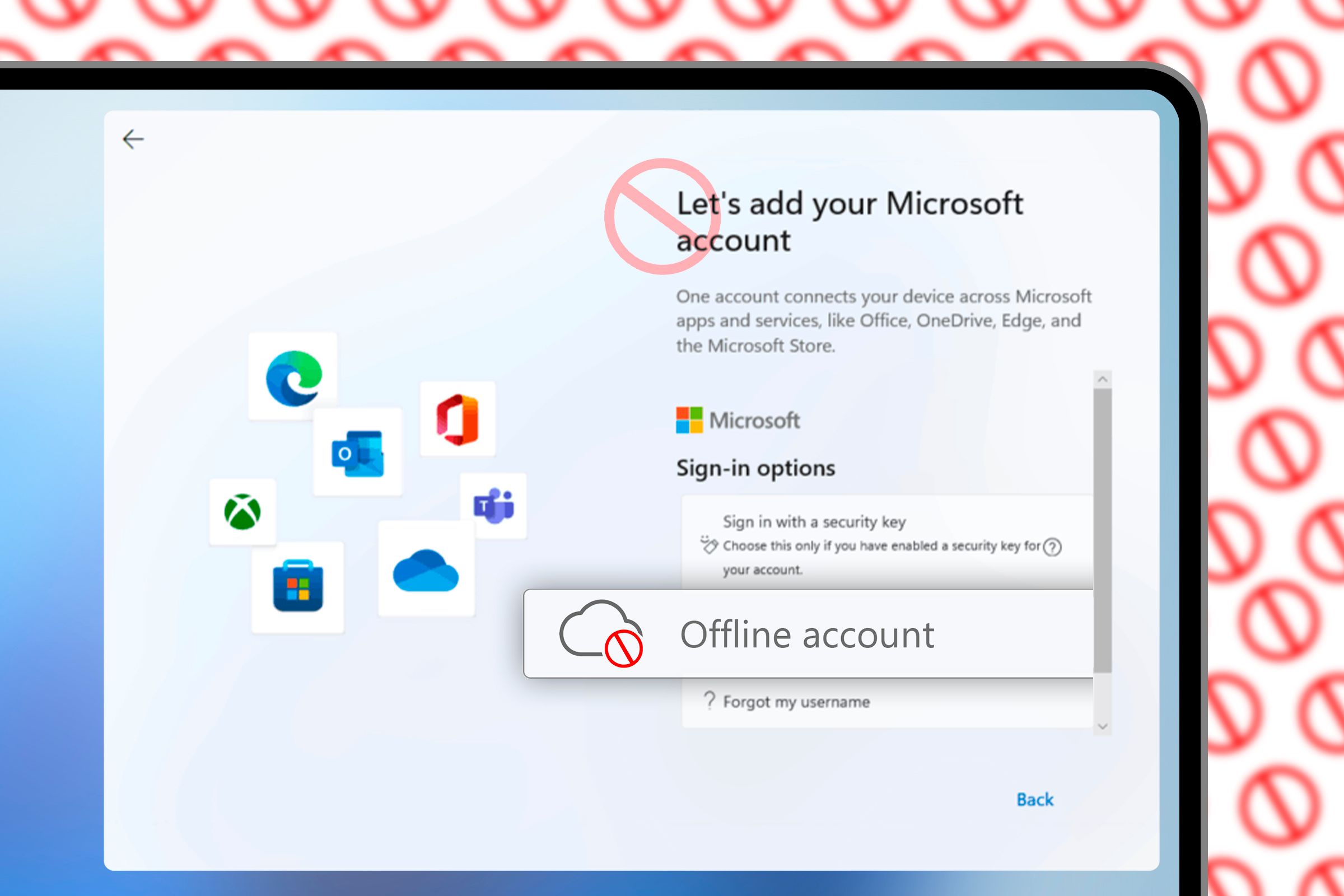 Windows 11 window to add a Microsoft account.