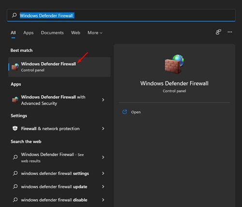 type in Windows Defender Firewall