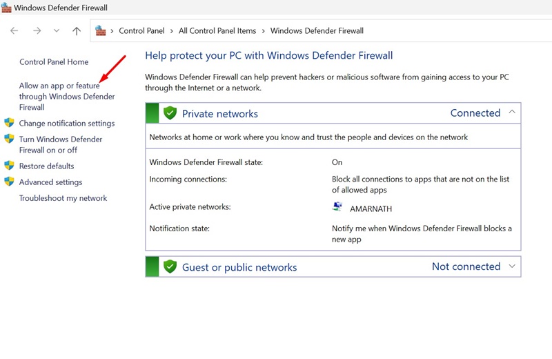 Allow an app or feature through Windows Defender Firewall