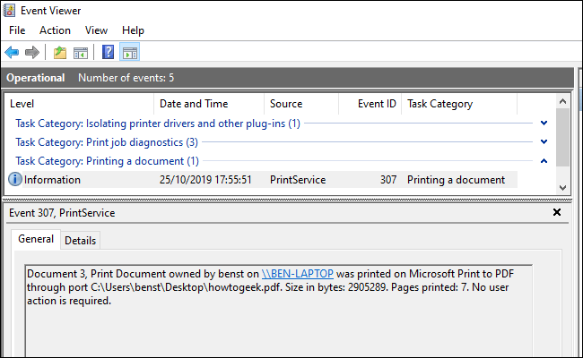 A list of printed documents in the Event Viewer, separated by categories