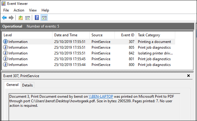 The PrintService Operational log will list your printed document history