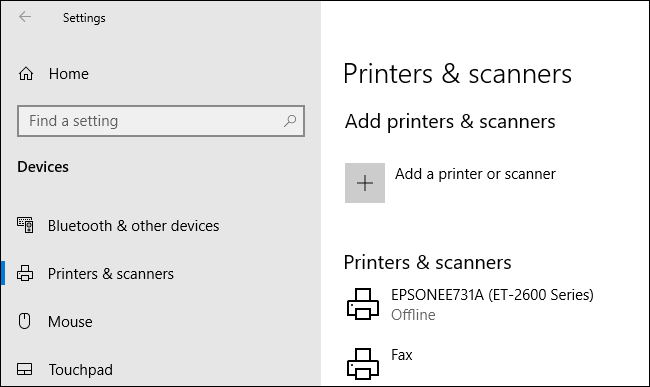 Access your Windows printer settings by right-clicking your Start Menu button, clicking Settings, then Devices > Printers & Scanners