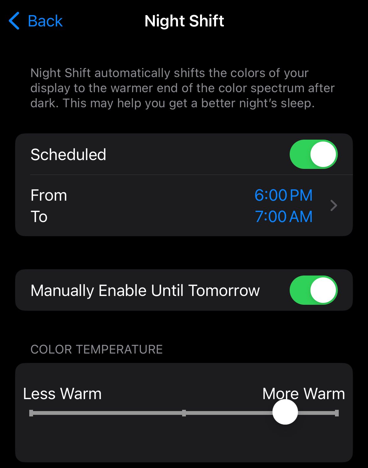 Night Shift settings in Display settings.