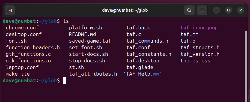 A directory listing of a collection of various file types, in a terminal window.