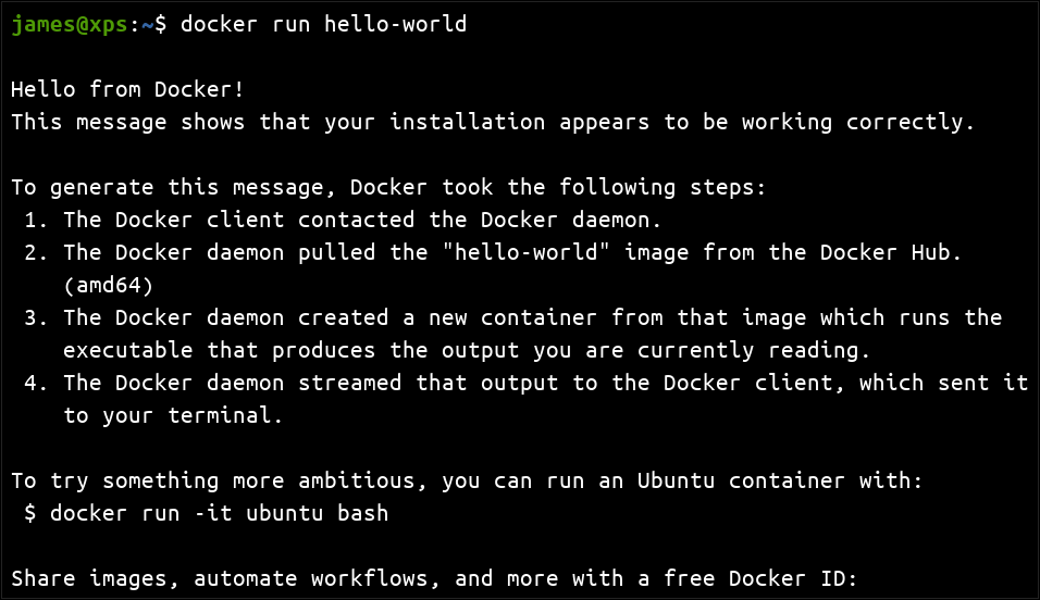 The Docker 'Hello World' message confirming that Docker was correctly installed.