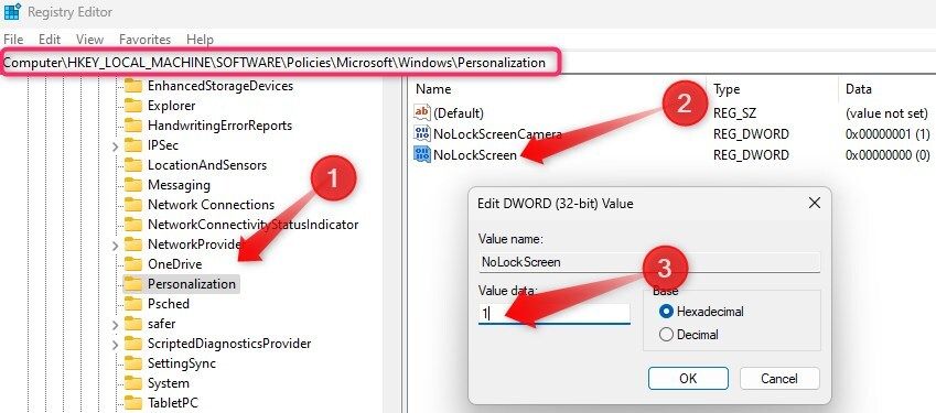 Disabling lock screen in Registry Editor by tweaking the Registry Editor.