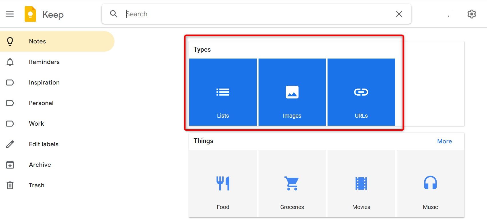 Search options for finding notes highlighted on Google Keep.