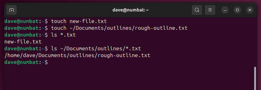 Using the touch command to create a new file from the Linux command line.