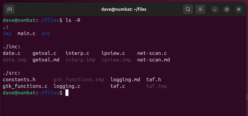 Using ls recursively in a terminal window to show the files and subdirectories. There is a file called main.c in the current directory.