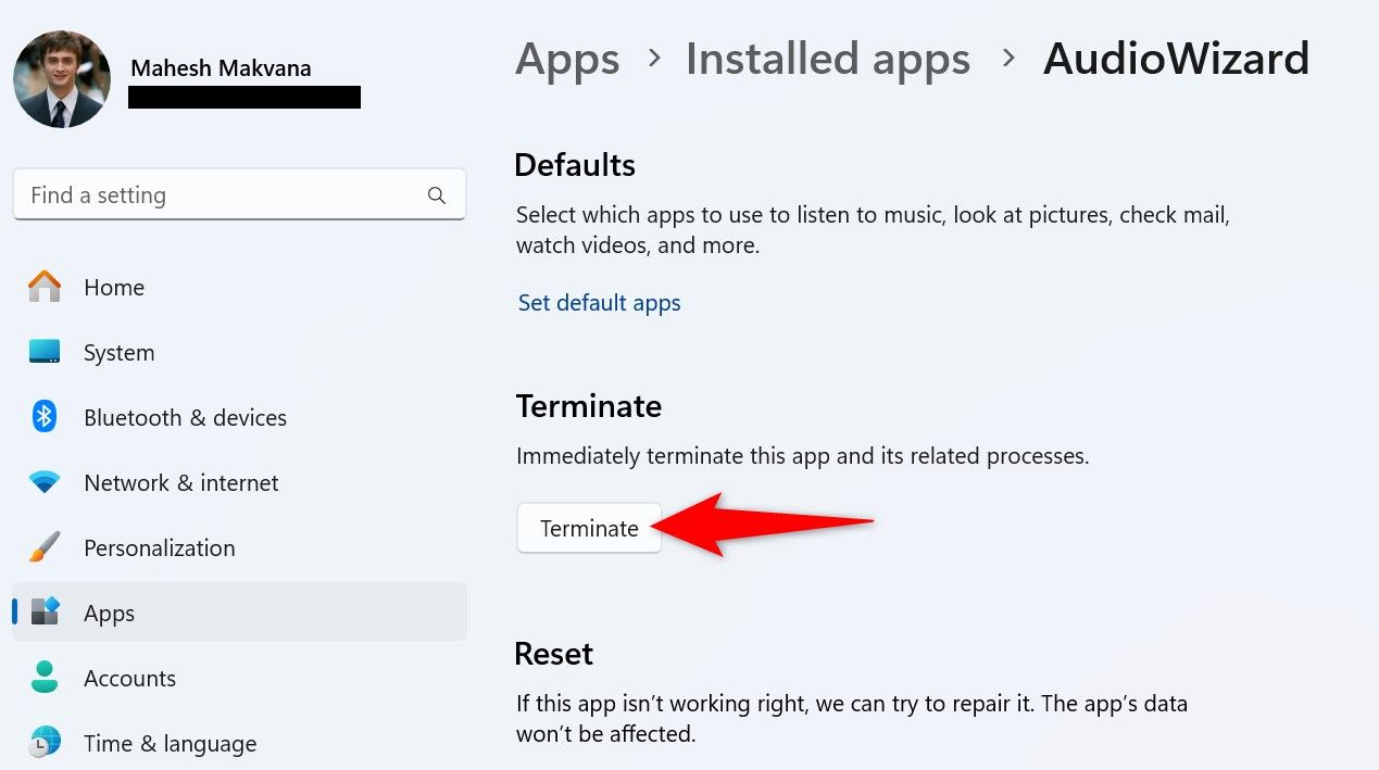 'Terminate' highlighted for an app in Windows 11 Settings.