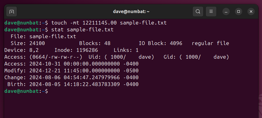 Using the touch -mt options to set the modifcation time to a user specified time.