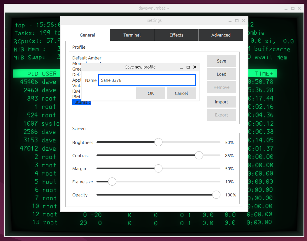 Creating a custom profile in the CRT settings dialog.