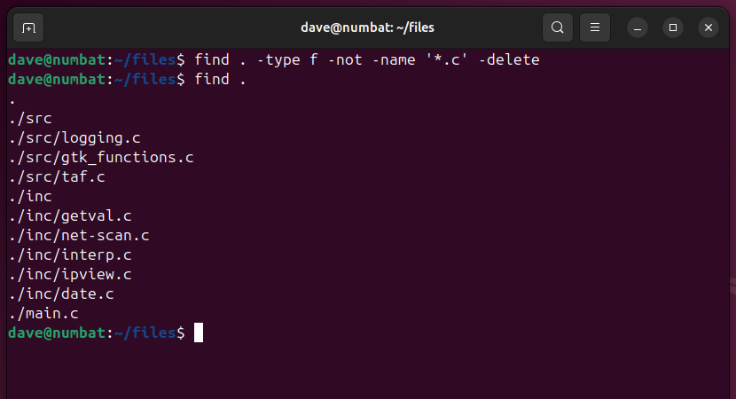 Using find with the wildcard enclosed in single quote marks, to recursively delete all files with a C extension.