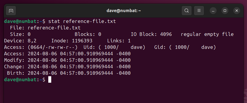 Using the stat fil;command to display the timestamps of a reference text file.