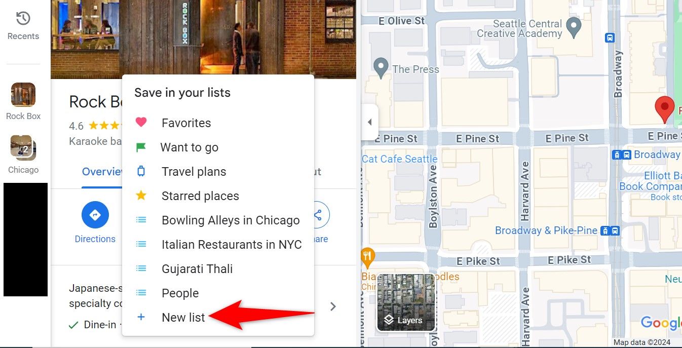 'New List' highlighted in Google Maps for web.