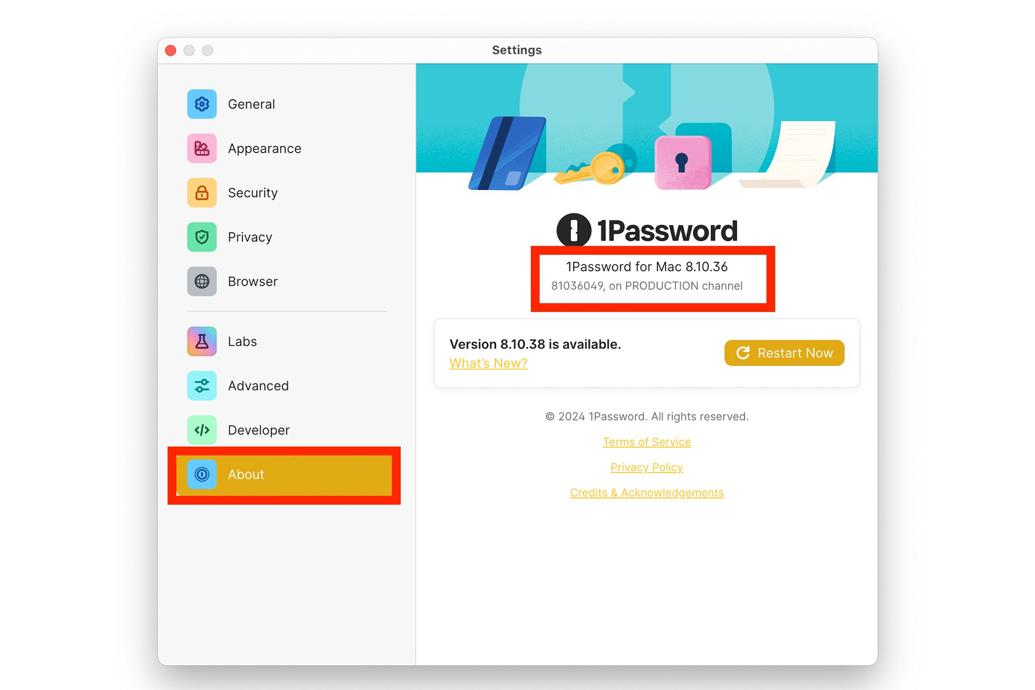 A screenshot of the 1Password 'About' page with the current version number highlighted.