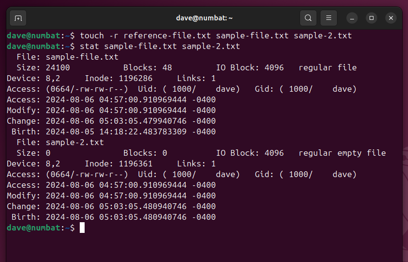 Using the touch command to copy the timestamps from a reference file to an existing file, and a newly created file, from the Linux command line.