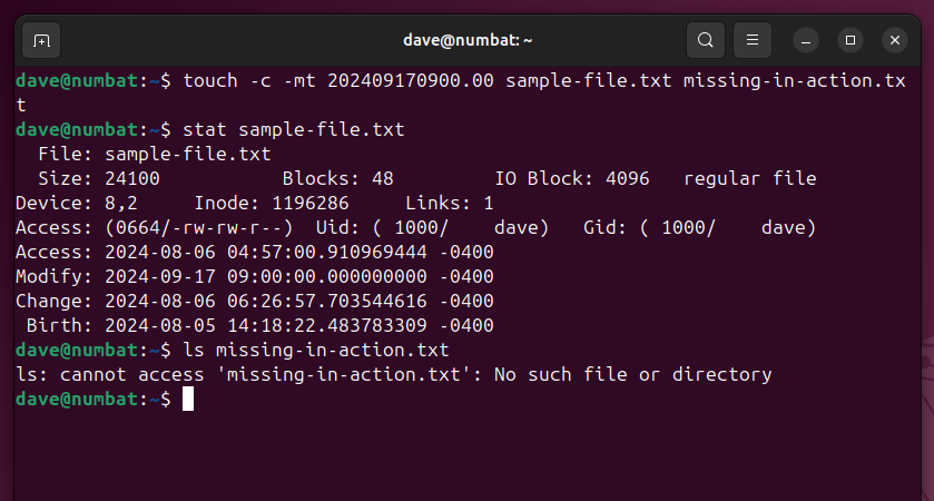 Using the -c option to supress the touch command's default action of creating missing files, from the Linux command line.