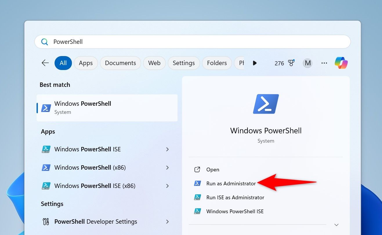 'Run as Administrator' highlighted for PowerShell in Windows Search.