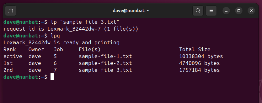 Adding a third job to the print queue, and using lpq to inspect the queue, in a Linux terminal window.