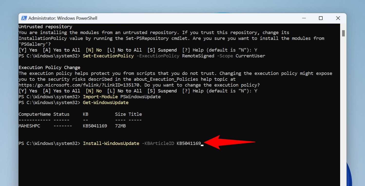 The cmdlet to install a specific Windows update typed in PowerShell.