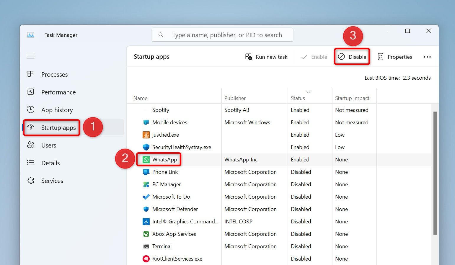 'Startup Apps,' an app, and 'Disable' highlighted in Task Manager.